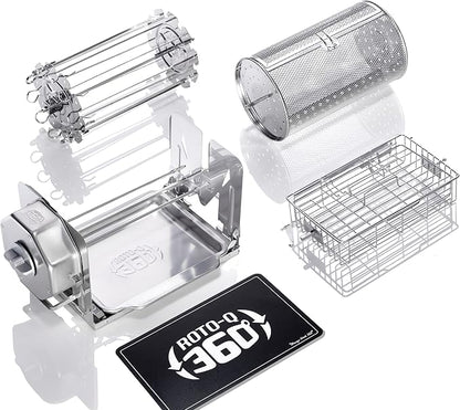 ROTO-Q 360 Family Rotisserie Kit – Non-Electric Wind-Up Spit Roaster with Tumble Basket, Flat Cage, Skewer Set & Mat for Grill, Oven, Smoker, Portable BBQ Cooking, Tailgating, or Camping Use