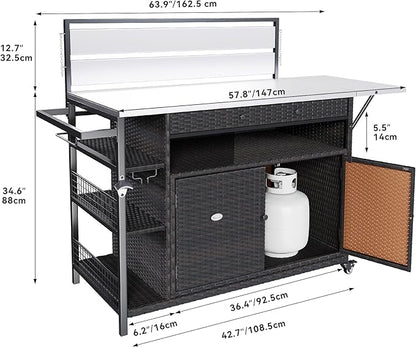 YITAHOME XL Outdoor Kitchen Island, Outdoor Bar Table & Storage Cabinet, Wheels and Stainless Steel Extended Table Top, Side Handle for Patio Kitchen or Bar Cart, Dark Brown