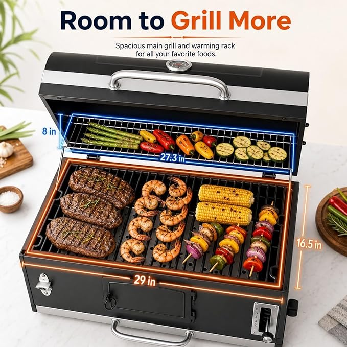 30in Built in Charcoal Grill for Outdoor Kitchen Island, Heavy Duty Large Barbecue Grills with Liftable Tray, Insulated Hood & Temp Gauge Drop-in BBQ Barrel Grill for Family Parties Patio Cooking