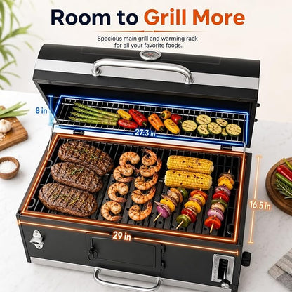 30in Built in Charcoal Grill for Outdoor Kitchen Island, Heavy Duty Large Barbecue Grills with Liftable Tray, Insulated Hood & Temp Gauge Drop-in BBQ Barrel Grill for Family Parties Patio Cooking