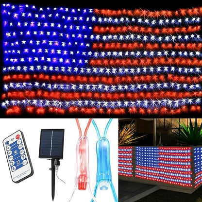 (New) Solar Powered American Flag Lights, 420 LED Flag, 4th of July Decorations, Outdoor Waterproof Remote Controlled Patriotic Lights for Independence Day, National Day, Memorial Day, Yard