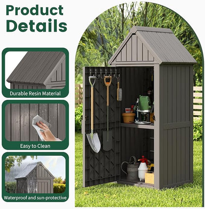 Bifanuo Deck Box Storage Shed Outdoor Storage Cabinet, Vertical Waterproof Resin Material Plastic Shed with Removable Shelves, 12 Hooks and Lock Ring for Garden, Pool and Patio (Grey)