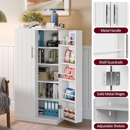 SUNLEI 47" Kitchen Pantry Storage Cabinet, Modern Freestanding Pantry Storage Cabinet with Adjustable Shelves, Buffet Cupboards Storage for Kitchen, Dining Room, White