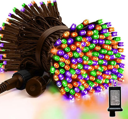 33ft Halloween Decorative Mini Lights, 100 LED Brown Wire Fairy Starry String Lights Plug in, 16Lighting Modes for Halloween Outdoor Party Decoration (Orange/Purple/Green)