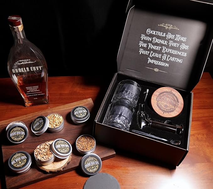 G&J's Finest Whiskey Smoker Kit with 3-Flame Torch, 2 Glasses, 2 Ice Molds & 6 Wood Chip Flavors – Smoked Bourbon|Old Fashioneds Drink Cocktails at Home, Butane Not Included (No Butane Incl.)