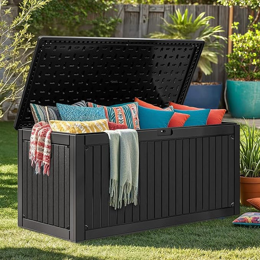 DWVO 320 Gallon Resin Outdoor Storage Box, XXL Double-Wall Waterproof Deck Box with Divider, Doubles as Table or Seating with 1000 lbs Capacity, Lockable (Black)