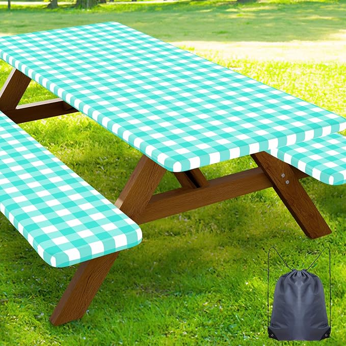 Smiry Picnic Table Cover with Bench Covers, Waterproof Elastic Fitted Tablecloths for 5 Foot Rectangle Tables, Washable Buffalo Plaid Tablecloth for Camping, Outdoor (Teal & White, 30"x60")