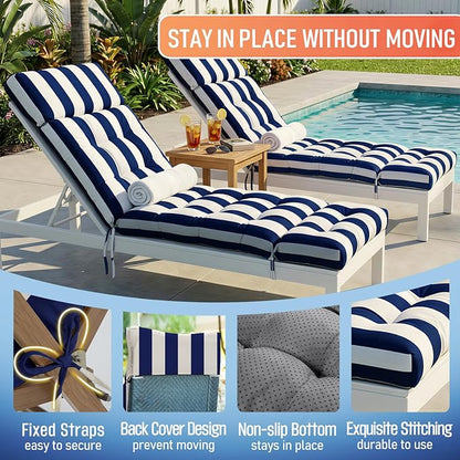 MAGIC ELEPHANT Chaise Lounge Cushion Outdoor, Memory Foam Patio Lounge Chair Cushion with Ties for Outdoor Furniture, 74 x 22 x 4 Inch (Navy Stripe)