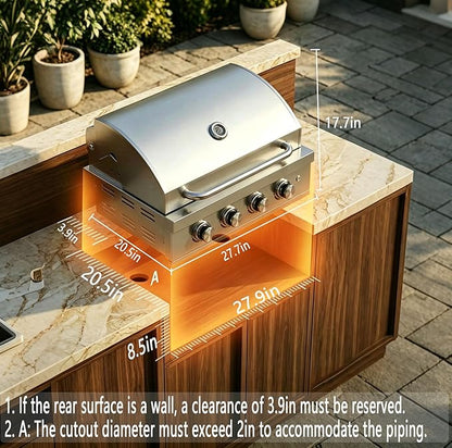 Built-In Gas Grill, 28 in 4 Burner Propane Grill, LP Gas, Charcoal & Natural Gas Convertible, Heavy Duty 304 Stainless Steel 48,400-BTUs for Outdoor Kitchen Island Family Cooking