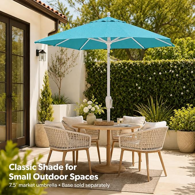 Treasure Garden 7.5ft Patio Umbrella – Outdoor Market Umbrella – Push Button Tilt – White Aluminum Frame (O’bravia, Aqua)