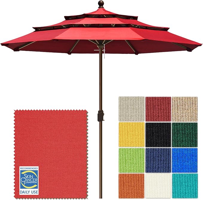 EliteShade USA 10-Year-Non-Fading 10ft 3-Tier Market Patio Umbrella, Commercial Grade Outdoor Table Umbrella with Crank Open, Windproof & UPF 50+ UV Protection, Heavy Duty Ventilation for Garden, Deck, Pool, Backyard, Beach & Bistro, No Tilt, Logo Red