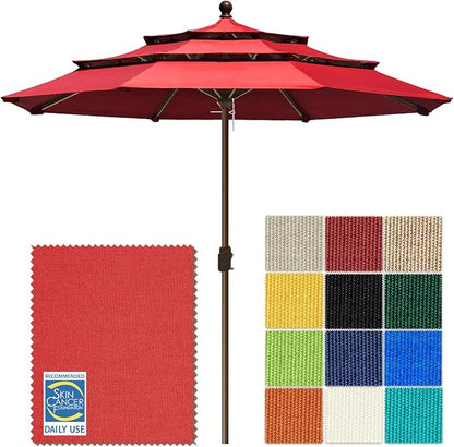 EliteShade USA 10-Year-Non-Fading 10ft 3-Tier Market Patio Umbrella, Commercial Grade Outdoor Table Umbrella with Crank Open, Windproof & UPF 50+ UV Protection, Heavy Duty Ventilation for Garden, Deck, Pool, Backyard, Beach & Bistro, No Tilt, Logo Red