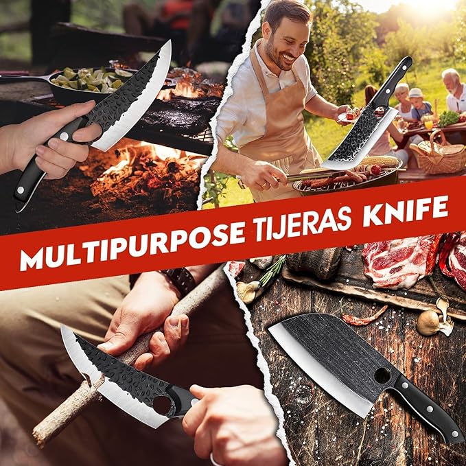 TIJERAS Butcher Knife Set, 3PCS Hand Forged Meat Cleaver, Serbian Chef Knife, Viking Knives with Sheaths, Meat Cutting Chef Knives Set for Kitchen Camping BBQ, Gifts for Men and Women