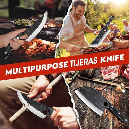 TIJERAS Butcher Knife Set, 3PCS Hand Forged Meat Cleaver, Serbian Chef Knife, Viking Knives with Sheaths, Meat Cutting Chef Knives Set for Kitchen Camping BBQ, Gifts for Men and Women