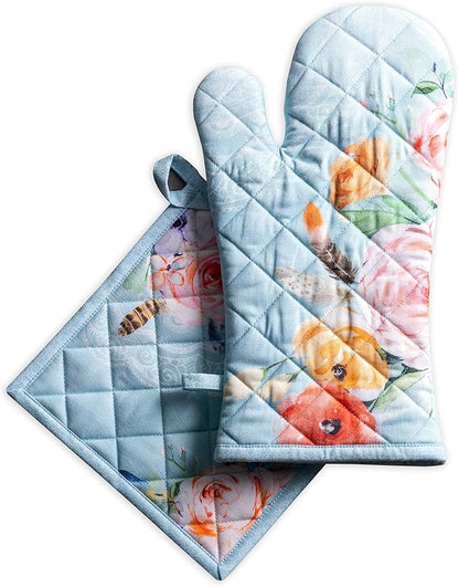 Maison d' Hermine 100% Cotton Oven Mitt & Pot Holder Set (7.5"x13" & 8"x8") Heat Resistant BBQ Cooking Gloves with Loop Baking Grilling Kitchen Hotel Home Farmhouse Spring Summer (Ibiza - Blue)