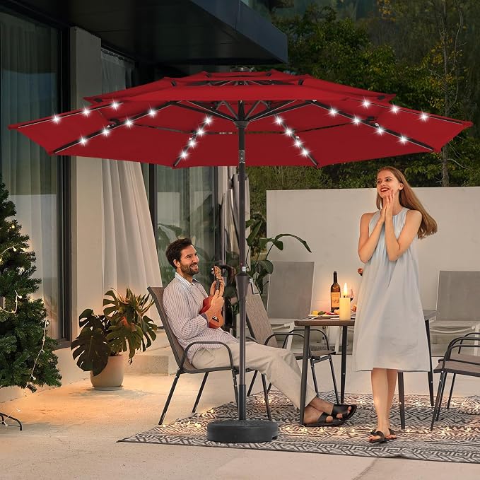 JEAREY 9 ft 3-Tier Outdoor LED Lighted Patio Umbrella w/Crank, Red | Solar Market Table Umbrella with 8 Sturdy Ribs, UV Protection Waterproof Sunproof for Garden, Deck and Backyard