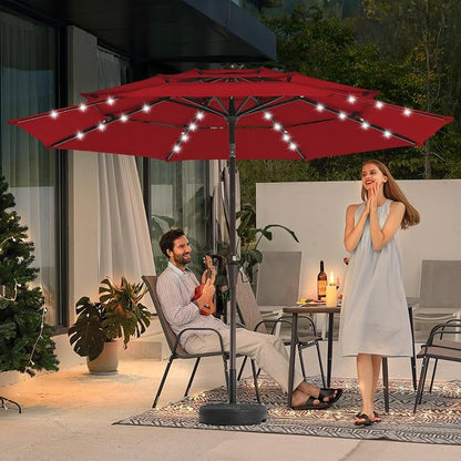 JEAREY 9 ft 3-Tier Outdoor LED Lighted Patio Umbrella w/Crank, Red | Solar Market Table Umbrella with 8 Sturdy Ribs, UV Protection Waterproof Sunproof for Garden, Deck and Backyard