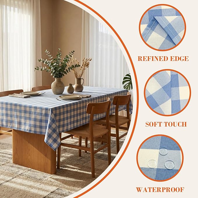 Waterproof Gingham Tablecloth, Checkered Fabric Table Cover for Kitchen Dining, Blue & White Plaid Table Cloth, Rectangle Table Cloth for Indoor Outdoor Use, W60 x L102 in