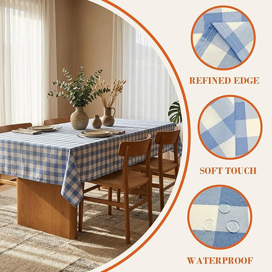 Waterproof Gingham Tablecloth, Checkered Fabric Table Cover for Kitchen Dining, Blue & White Plaid Table Cloth, Rectangle Table Cloth for Indoor Outdoor Use, W60 x L60 in