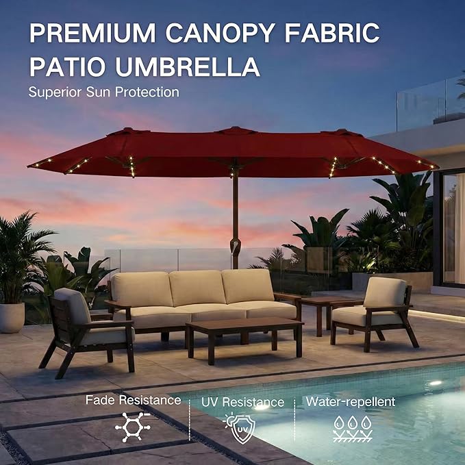 Kingdura 15ft Large Patio Umbrella with Solar Lights, Double-Sided Rectangle Outdoor Table Umbrella with Base Included, 12 Reinforced Ribs, 48 Led Lights, Crank Lift for Market Pool Deck, Dark red