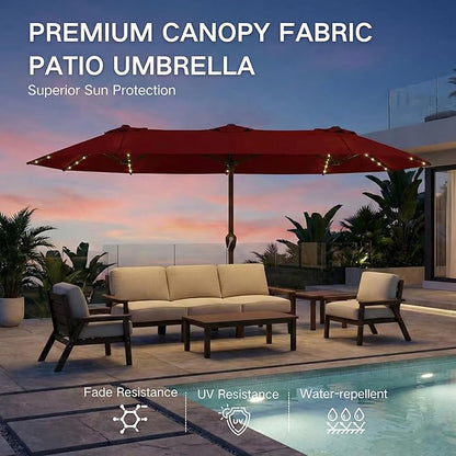 Kingdura 15ft Large Patio Umbrella with Solar Lights, Double-Sided Rectangle Outdoor Table Umbrella with Base Included, 12 Reinforced Ribs, 48 Led Lights, Crank Lift for Market Pool Deck, Dark red