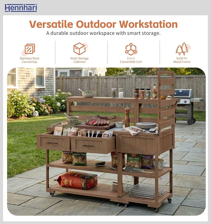 62.3'' Outdoor Kitchen Island with Stainless Steel Top and Raised Shelf, Potting Bench with Drawers and Wheels, Grill Prep Table for BBQ, Patio, Party (Brown)