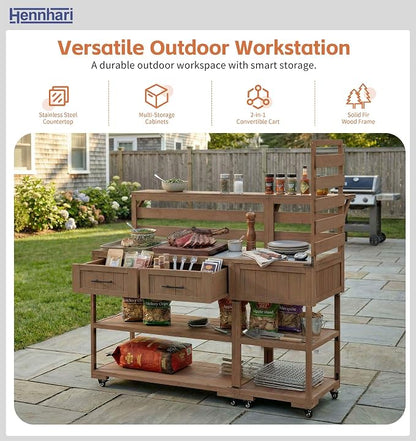 62.3'' Outdoor Kitchen Island with Stainless Steel Top and Raised Shelf, Potting Bench with Drawers and Wheels, Grill Prep Table for BBQ, Patio, Party (Brown)