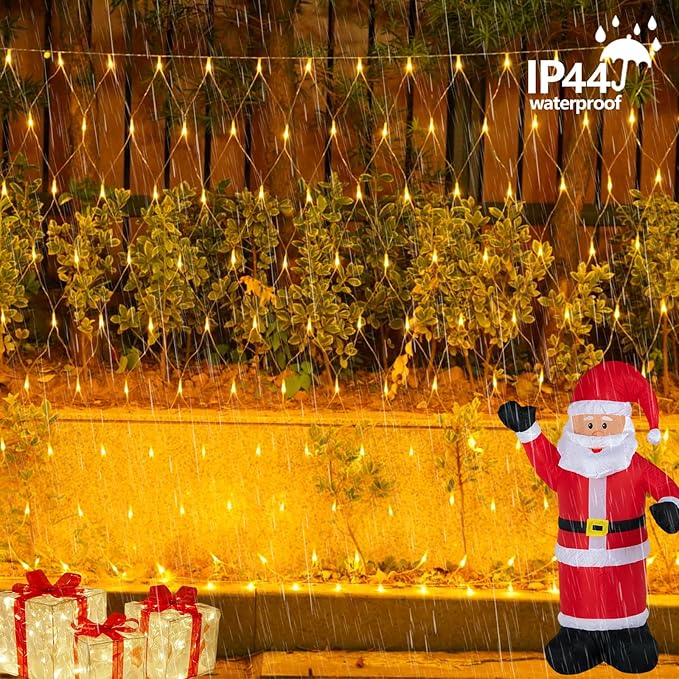 QITONG Net Lights Outdoor Mesh Lights, 12ft x 5ft 360 LED Warm White Christmas Light with 8 Modes, Connectable Clear Wire Bush Light Plug in
