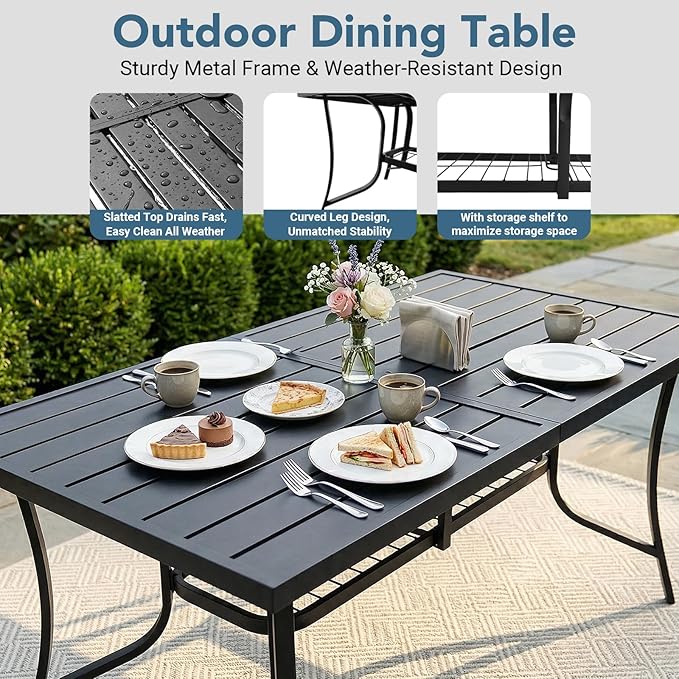 5 Piece Outdoor Patio Dining Sets, 60" Rectangular Metal Dining Table with Umbrella Hole & 4 Stackable Metal Chairs, Weather Resistant Garden Furniture Set for Backyard, Deck, Porch