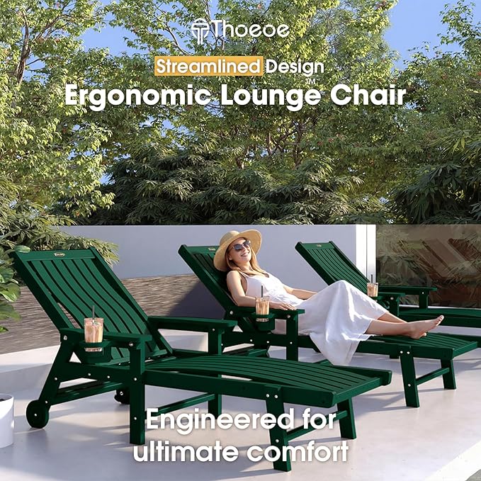 THOEOE Patio Chaise Lounge Chair, Lounge Chair Outdoor with 5 Positions, HDPE, Patio Lounge Chair with Wheels & Cup Holder for Pool, Deck, Poolside,Green