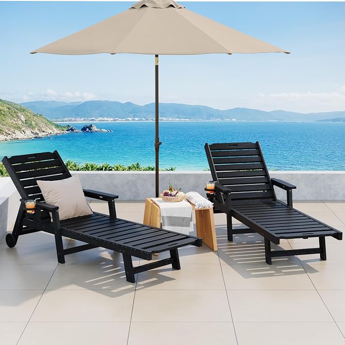 Garvee Lounge Chair Outdoor Set of 4 with Wheels & 5-Position Adjustable Backrest, Oversized Chaise Lounge with 2 Move Handle, HDPE Lounge Chair w/Detachable Cup Holder, for Patio, Pool,Black