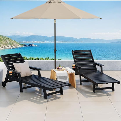 Garvee Lounge Chair Outdoor Set of 4 with Wheels & 5-Position Adjustable Backrest, Oversized Chaise Lounge with 2 Move Handle, HDPE Lounge Chair w/Detachable Cup Holder, for Patio, Pool,Black