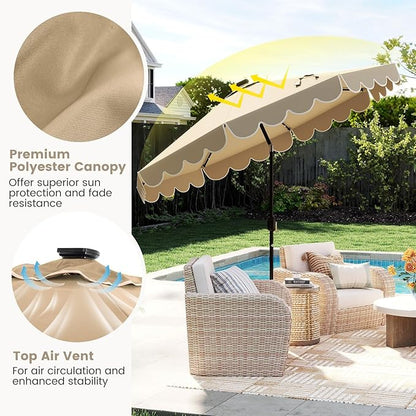 Tangkula 9 FT Solar Patio Umbrella, 2-Tiers Scalloped Outdoor Table Market Umbrella with 32 LED Lights, Vented Top, Tilt Adjustment, Crank, 8 Ribs for Backyard Poolside Deck Beach Lawn (Coffee)