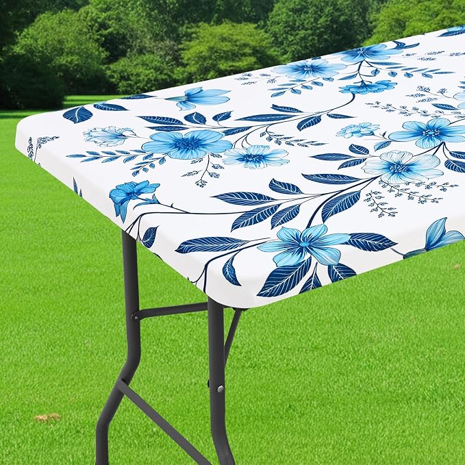 Smiry Spandex Fitted Tablecloth for 5 Foot Rectangle Tables, Washable Picnic Table Cover with Elastic, Stretch Reusable Table Cloth for Outdoor, Camping, Dining & Kitchen (Blue Flower, 30"x60")