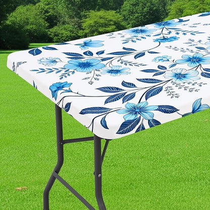 Smiry Spandex Fitted Tablecloth for 5 Foot Rectangle Tables, Washable Picnic Table Cover with Elastic, Stretch Reusable Table Cloth for Outdoor, Camping, Dining & Kitchen (Blue Flower, 30"x60")