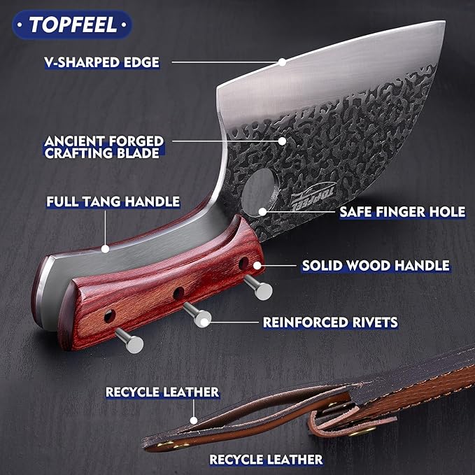 6.8Inch Serbian Chef Knife- Meat Cleaver, Butcher Knife set with Leather Sheath and Whetstone, Kitchen Knives for Home, Camping, BBQ