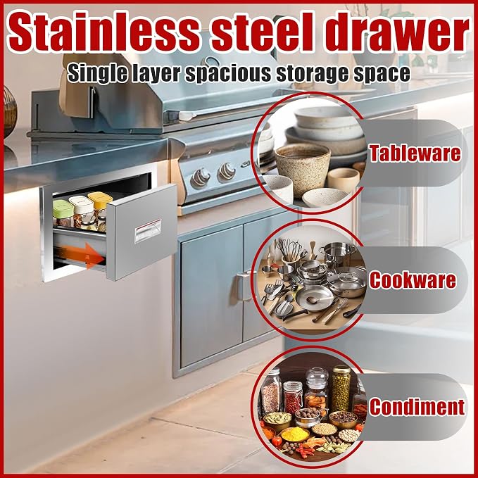 Outdoor Kitchen Single Layer Drawer 14'' W x 8.5'' H x 23'' D Flush Mount BBQ Access Drawers Stainless Steel BBQ Island Drawers with Handle Suitable for Outdoor Kitchen Island Grill Station