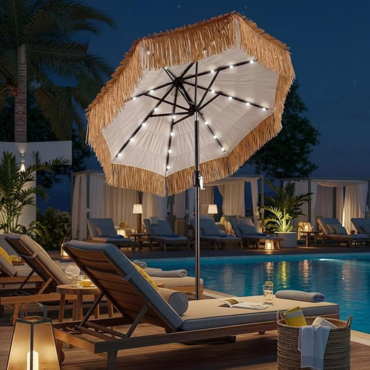 CroBlissful 6 ft Solar Tiki Umbrella with 32 LED Lights, Hula Thatched Patio Umbrella, UPF 50+, Hawaiian Style Beach Umbrellas for Garden, Beach, Pool, and Backyard