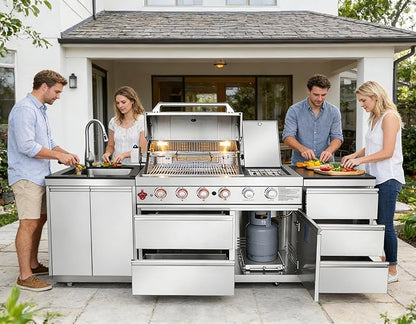 83" Outdoor Kitchen Island with Grill and Side Burner, 4-Burner 71,500 BTU Propane BBQ Island, Sink & Three-Drawer Storage, Rotisserie, for Backyard and Patio Cooking, Silver