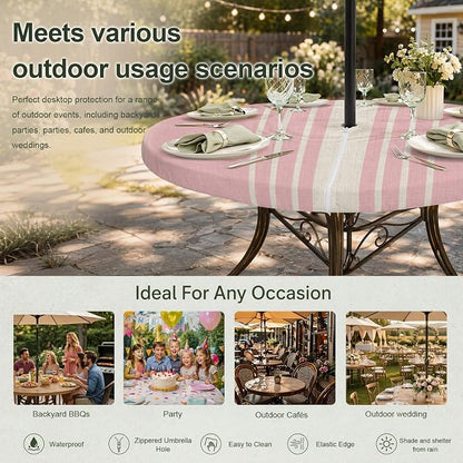 Outdoor Fitted Tablecloth with Umbrella Hole and Zipper, Pink Beige Striped Elastic Round Patio Table Cover, Farmhouse Retro Lines Modern Windproof Table Protector for Backyard BBQ Party 55''-60''