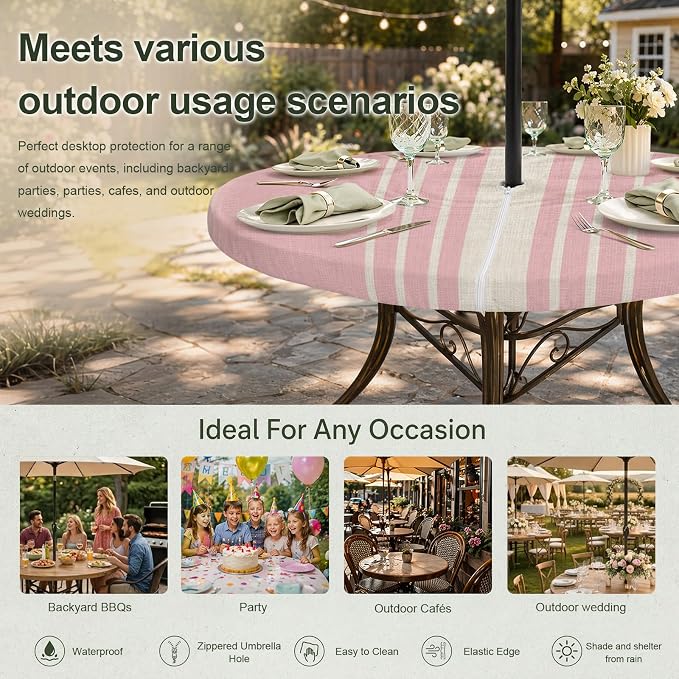 Outdoor Fitted Tablecloth with Umbrella Hole and Zipper, Pink Beige Striped Elastic Round Patio Table Cover, Farmhouse Retro Lines Modern Windproof Table Protector for Backyard BBQ Party 36''-44''