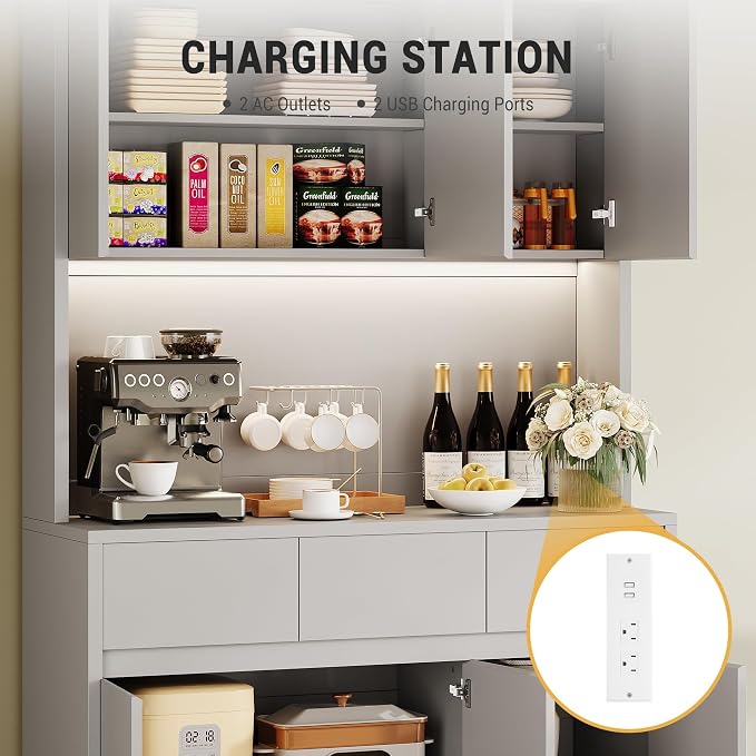 71" Kitchen Pantry Cabinet,Tall Storage Cabinet, Kitchen Storage Hutch | Shelves Adjustable,With Microwave Shelf,Coffee Bar,Led Lights&Charging Station,Corner Pantry Cabinet for Living Room