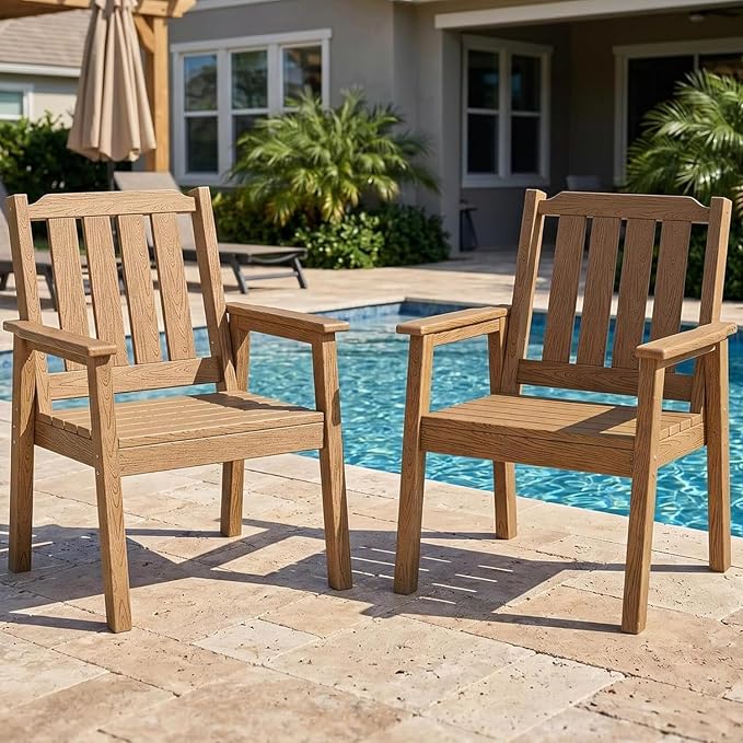 Garvee Outdoor Patio Dining Chairs Set of 2, HDPE Garden Dining Chairs | Sturdy Frame, Waterproof, All-Weather for Backyard, Poolside, Porch, Deck, Natural