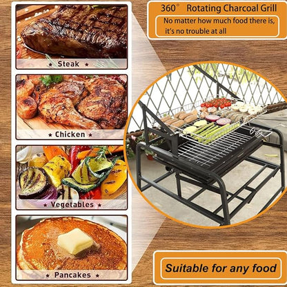 360° Rotating Grill with Adjustable Charcoal Tray, Portable Charcoal Grill Featuring Large Stainless Steel Cooking Grate for Picnics, Camping, and Gatherings