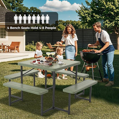 Giantex Picnic Table Bench Set for 4-8 People, 34" Outdoor Square Dining Table & 2 Benches w/Umbrella Hole, HDPE Tabletop, Metal Frame, Patio Camping Furniture for Backyard Porch Lawn (Green,Square)