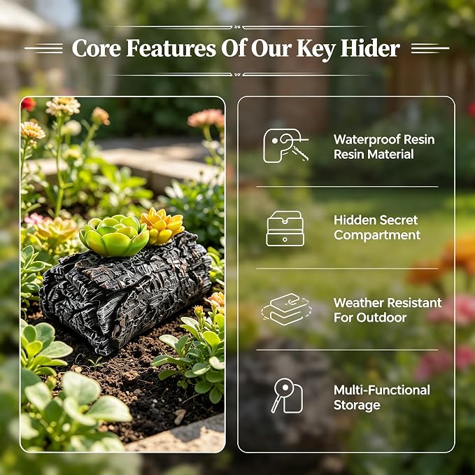 Key Hider Outdoor Waterproof Resin Wood Succulent Hidden Storage Yard Decor | Rustic Farmhouse Aesthetic, Doubles as Decorative Yard Ornament, Thoughtful Gift for Gardeners/Father's Day