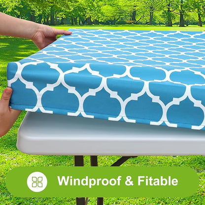 Smiry Picnic Fitted Table Cover, 6 Foot Flannel Backed Vinyl Tablecloth | Waterproof Elastic Stretch Table Cloth, Wipeable Plastic Tablecloth for Camping, Indoor & Outdoor (Light Blue, 30" x 72")