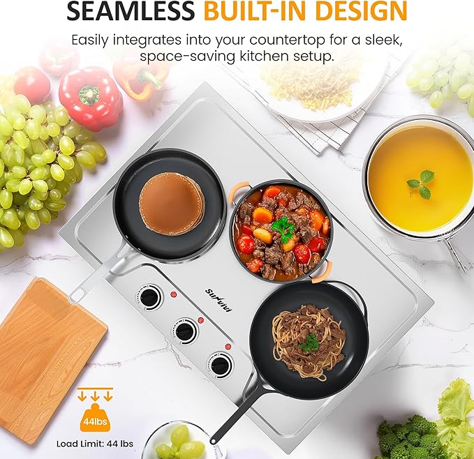 Sunvivi 1800W Triple Burner Portable Electric Ceramic Stove – Knob Control, Indicator Light, Compatible with All Cookware, Ideal for Multiple Cooking Scenarios, Silver