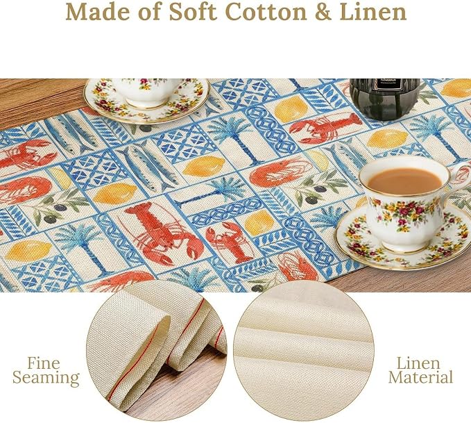 Summer Lemon Table Runner Crawfish Italian Lemons Table Cover Italy Blue Tiles Lemon Seafood Boil Themed Party Supplies Home Kitchen Dining Room Decor 13x36 Inch