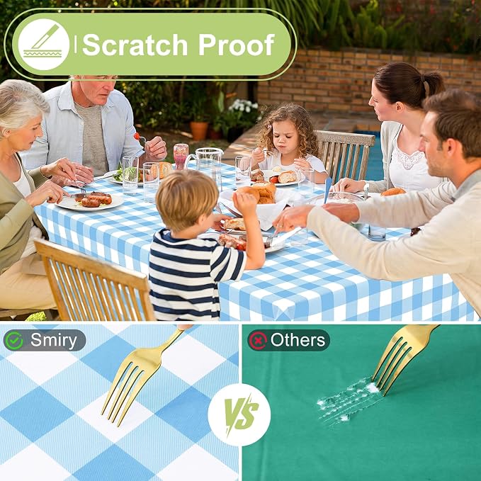 Smiry Picnic Table Cloth, Vinyl Tablecloths with Flannel Backing, 60"x84" | Waterproof Rectangle Table Cloth, Wipeable Buffalo Plaid Table Cover for Indoor and Outdoor (Baby Blue & White)